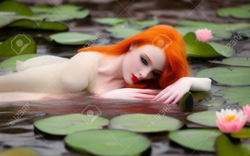 Delicate young sexy redhead woman Ophelia swims sensually seductively seduces sensual in the water, lake, pond, marsh with pink water lilies.