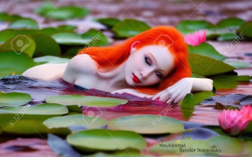 Delicado jovem sexy ruiva mulher Ophelia nada sensualmente sedutora seduz sensual na água, lago, lagoa, pântano com lírios de água rosa.