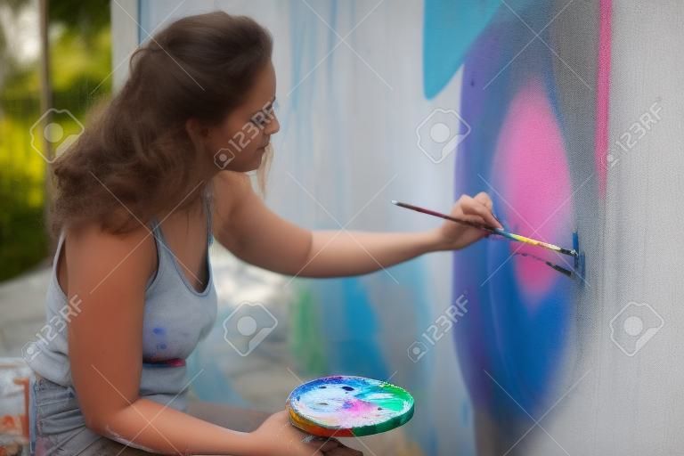 mulher artista feminina morena em camisa branca sexy, na luz solar quente da noite, pintura com pincel e paleta na frente de um grande mural, pinta uma borboleta de pavão na parede, espaço de cópia