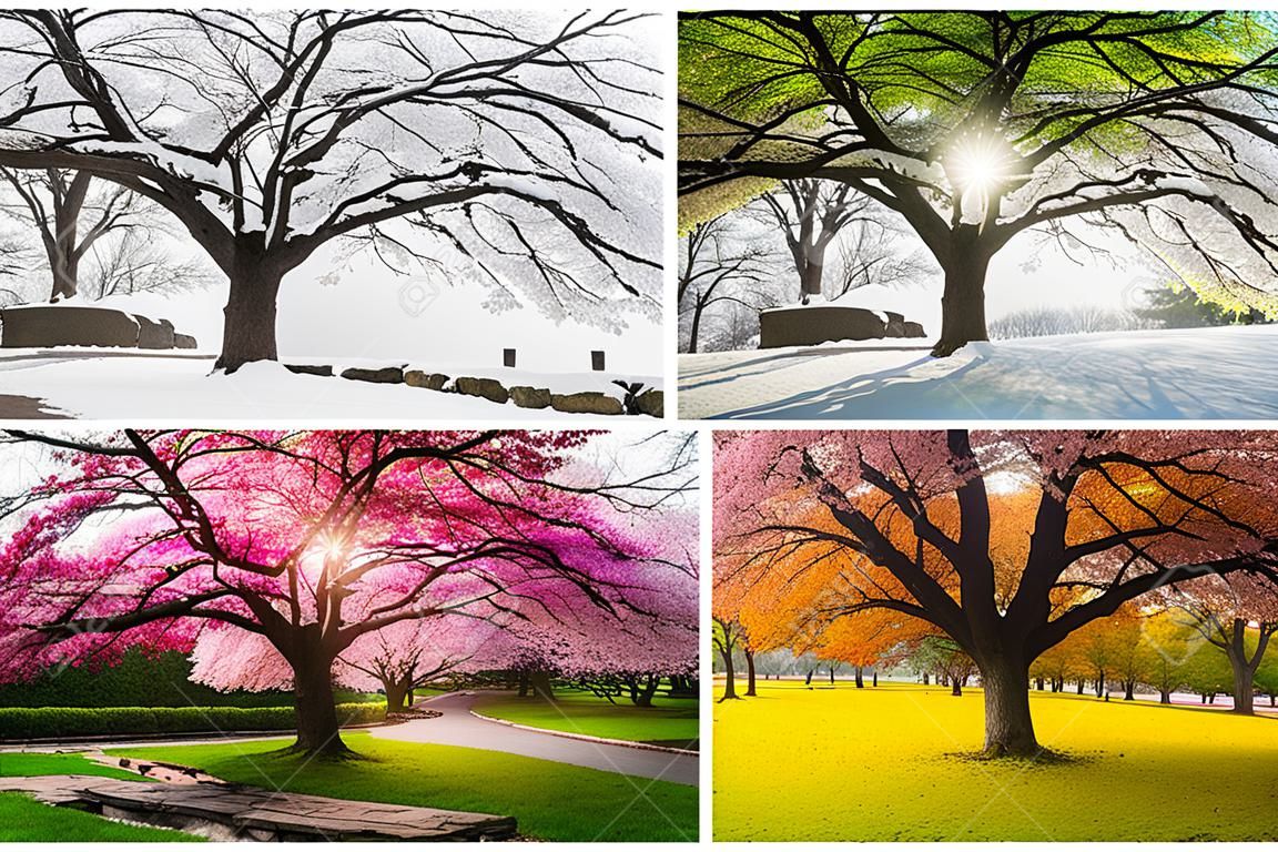 Cztery pory roku z japońskimi drzewami wiśni w Hurd Park, Dover, New Jersey