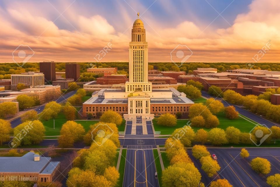 Lincoln skyline and Nebraska State Capitol. The Nebraska State Capitol is the seat of government for the U.S. state of Nebraska and is located in downtown Lincoln.
