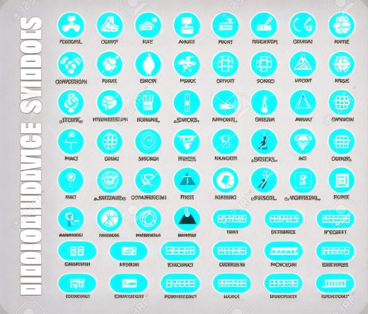 Conjunto completo de símbolos de embalagem de dispositivos médicos com informações de aviso. Pacote de medicamentos ícones pretos isolados no branco. Normas internacionais ISO, ANSI, AAMI, FDA com descrição