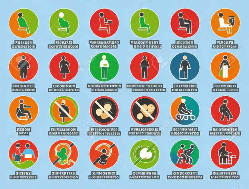 Collection complète de pictogrammes vectoriels d'icônes ISO rondes de personnes handicapées, blessées, enceintes, obèses, âgées en fauteuil roulant, enfants, chien, symboles d'assistant