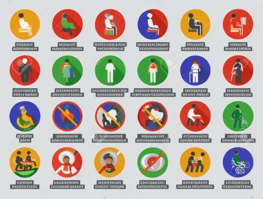 Coleção de pictogramas vetoriais completos de ícones ISO redondos de deficientes, feridos, grávidas, obesos, idosos com cadeira de rodas, crianças, cão, símbolos assistentes