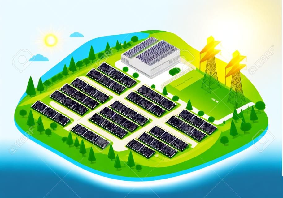 Solarfarm-Kraftwerk mit Solarzellen-Grünenergie-Ökologie-Kraftpaket-Konzeptstrom in der Natur isometrischer Vektor isoliert