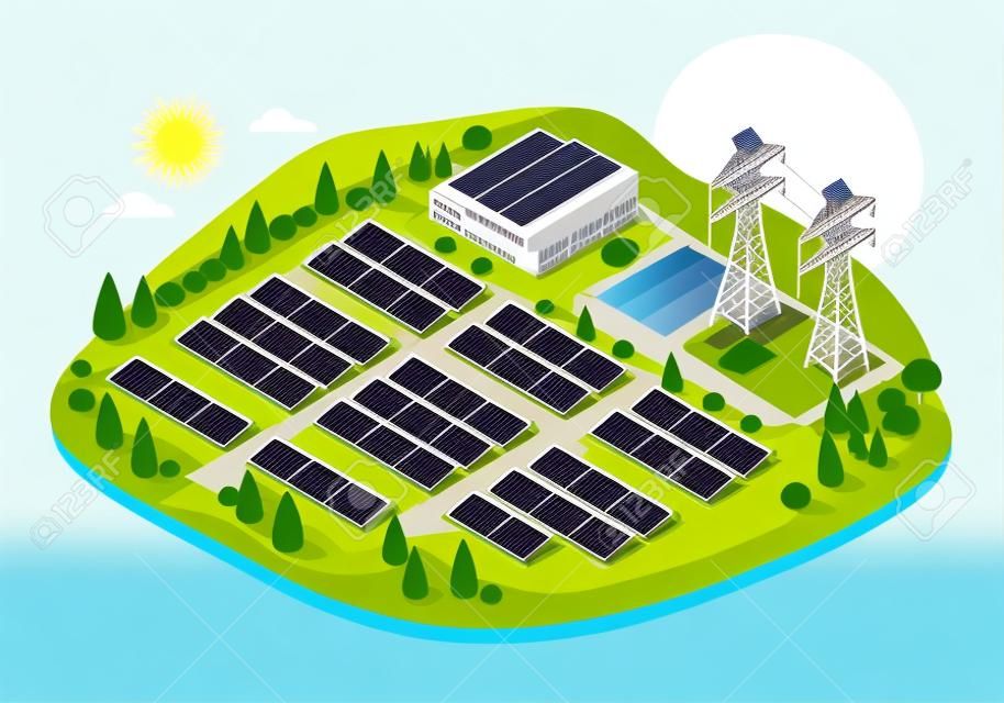 Solarfarm-Kraftwerk mit Solarzellen-Grünenergie-Ökologie-Kraftpaket-Konzeptstrom in der Natur isometrischer Vektor isoliert