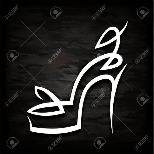 Simbolo astratto scarpa tacco alto, icona su sfondo nero. Elemento di design Illustrazione vettoriale.