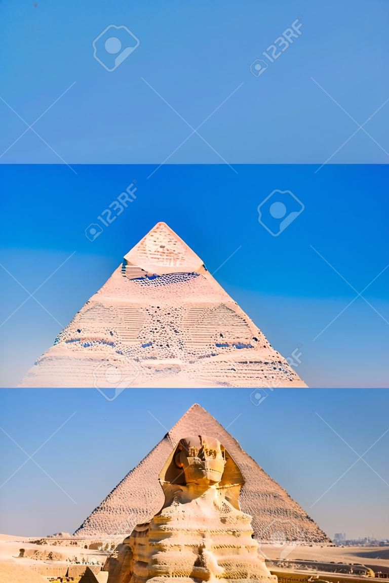 De Grote Sfinx van Gizeh en op de achtergrond de piramide van Khafre, de piramides van Gizeh. Caïro, Egypte