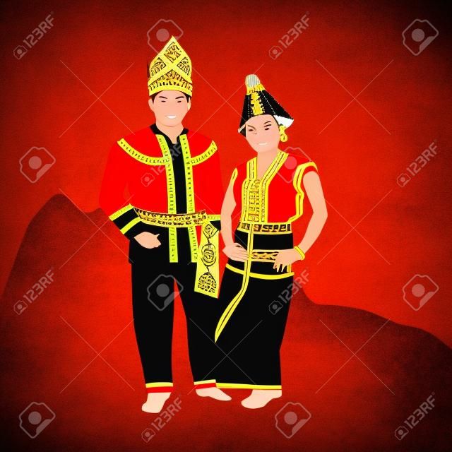 ilustracja wektorowa festiwalu KAAMATAN (hari kaamatan): taniec mężczyzny i kobiety KEDAZAN DUSUN (2)