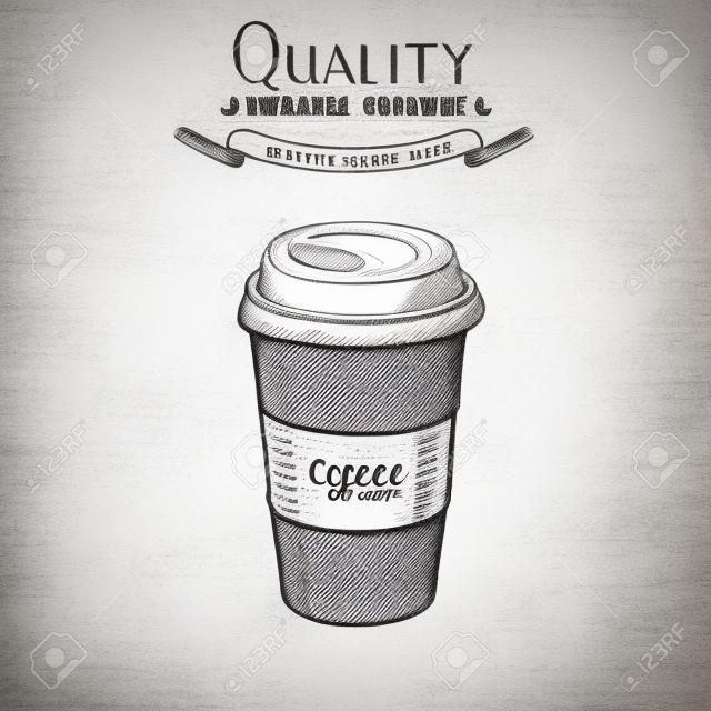 hand drawn doodle sketch vintage paper cup of coffee takeaway Menu for restaurant, cafe, bar, coffeehouse.