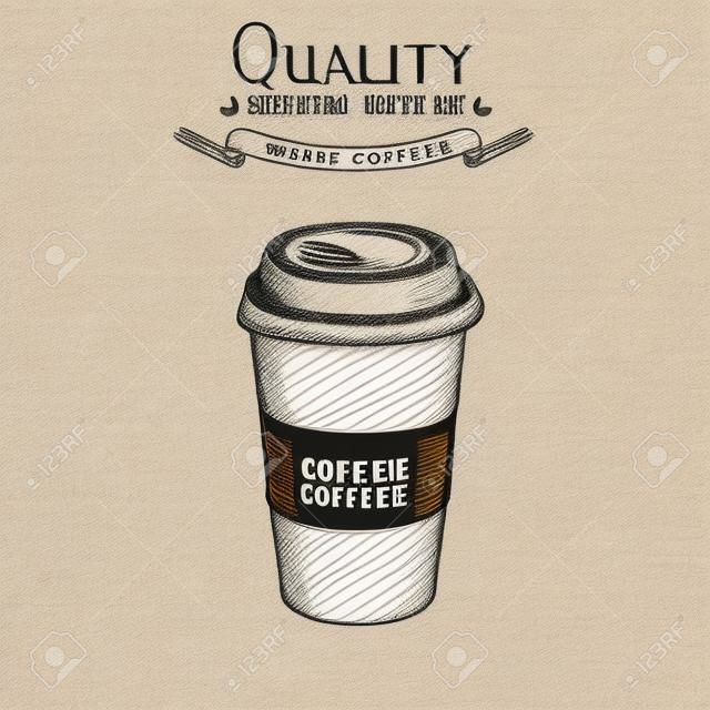 レストラン、カフェ、バー、喫茶店のコーヒーのテイクアウト メニューの描かれた落書きスケッチ ヴィンテージ紙コップを渡します。