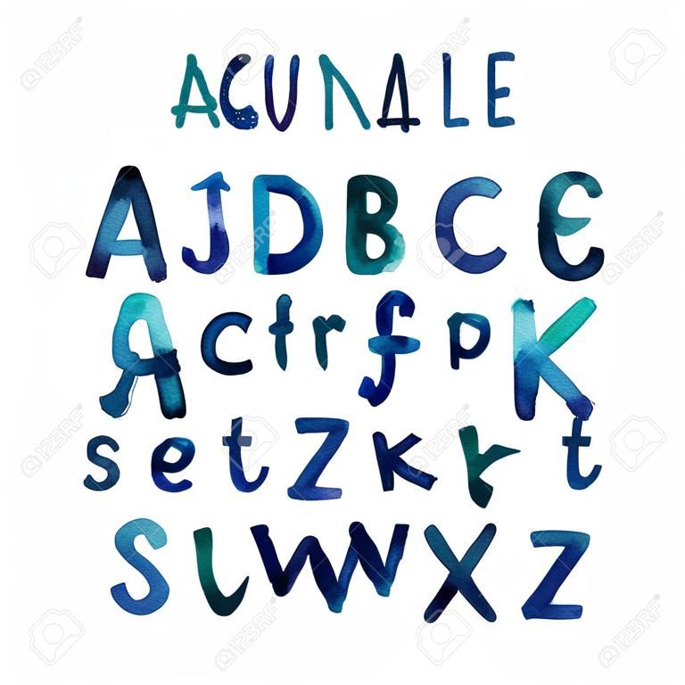 Renkli suluboya suluboya yazı tipi el yazısı elle çizilmiş doodle alfabe harfleri büyük harf ve küçük harf vektör.