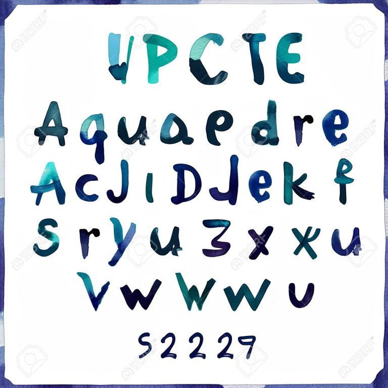 Colorful acquerello acquerello tipo di font a mano, scritto a mano di doodle disegnati alfabeto lettere maiuscole e minuscole vettoriale.