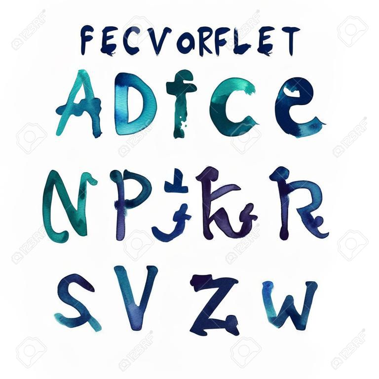 Colorful watercolor aquarelle font type handwritten hand drawn doodle abc alphabet letters uppercase and lowercase vector.