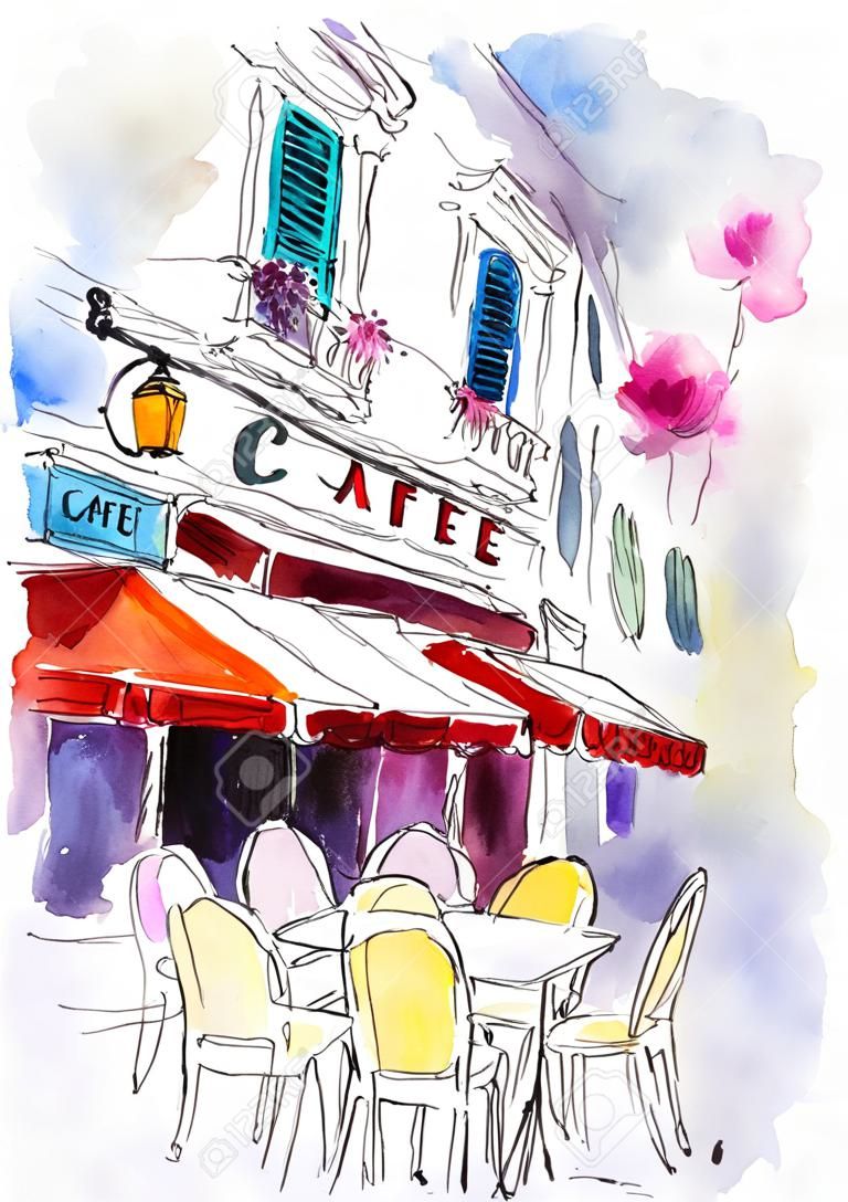 Cafe terrace Old street European restaurant Watercolor illustration.