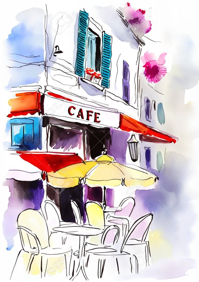 Terrasse de café Restaurant européen de la vieille rue Illustration à l'aquarelle.