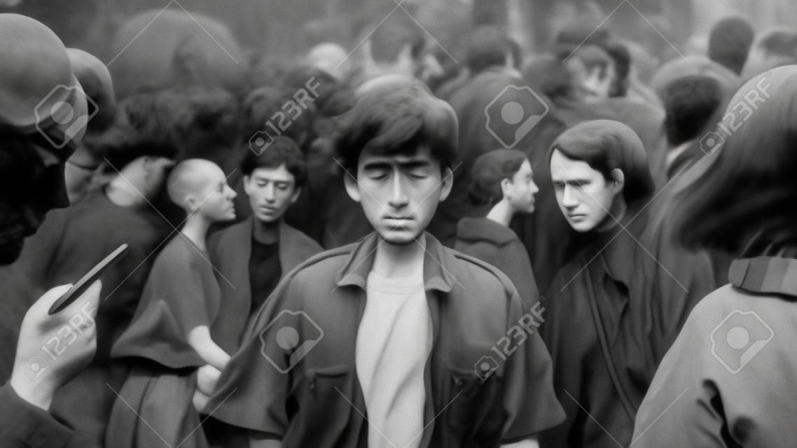 Lonely, suffering man in a crowd of people who do not notice him