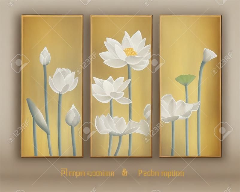 スプライシングスクリーンロータスの絵。ゴールデンロータス禅ムードフレスコ画。花が咲く幸せ。シンプルで寛大。