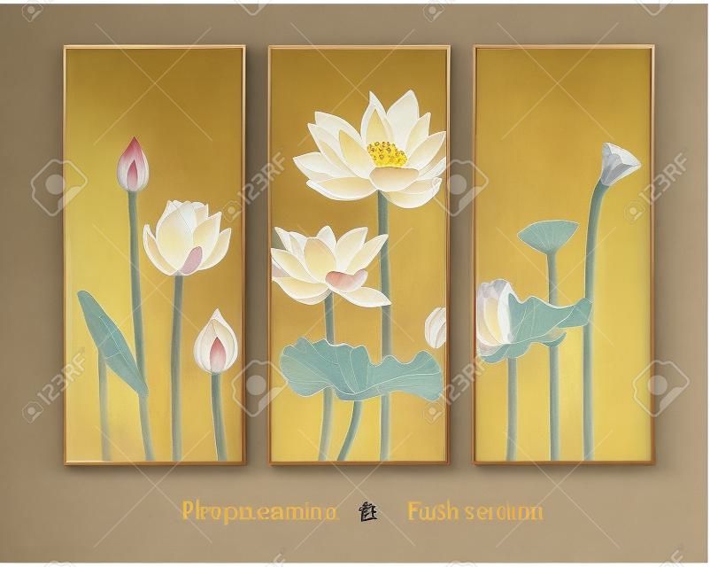 schilderen van splicing scherm lotus.Gouden lotus Zen stemming fresco.Het geluk van bloemen bloeien.Eenvoudig, royaal.