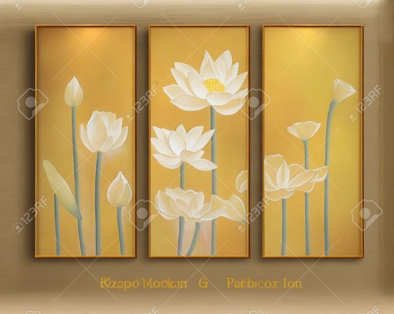 schilderen van splicing scherm lotus.Gouden lotus Zen stemming fresco.Het geluk van bloemen bloeien.Eenvoudig, royaal.