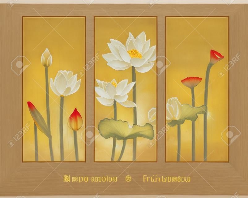 painting of splicing screen lotus.Golden lotus Zen mood fresco.The happiness of flowers blooming.Simple, generous.