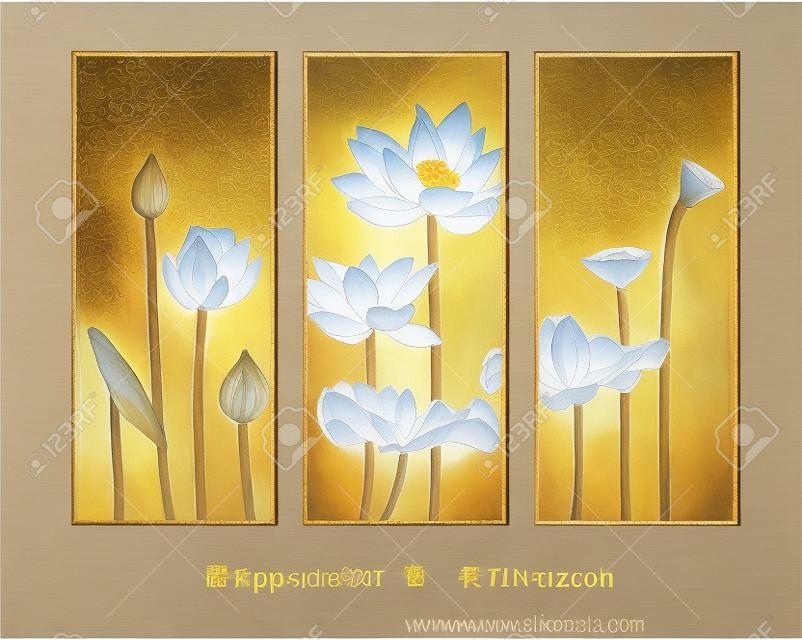 painting of splicing screen lotus.Golden lotus Zen mood fresco.The happiness of flowers blooming.Simple, generous.