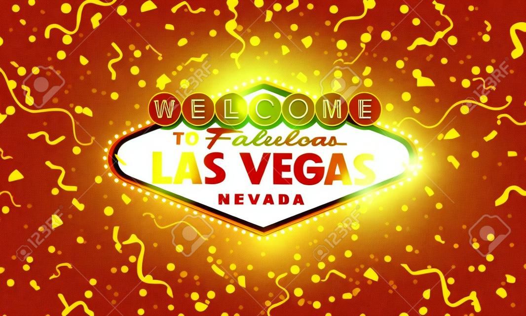 Classic retro gold Welcome to Las Vegas sign on gold background. Happy background. Simple modern vector style illustration. Vector colourful serpentine and confetti