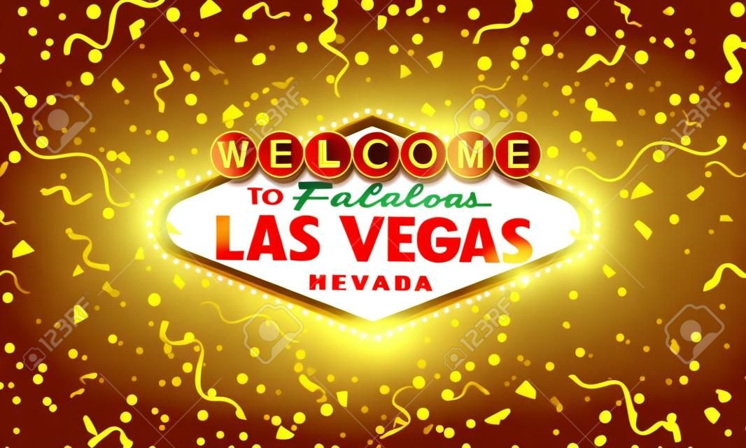 Oro retro clásico Bienvenido al cartel de Las Vegas sobre fondo dorado. Fondo feliz. Ilustración de estilo simple y moderno vector. Confeti y serpentina de colores vectoriales