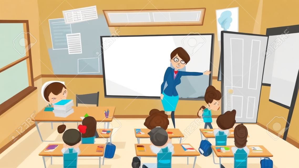 Angry, Annoyed Female Teacher Excluding Guilty Sad Boy from Classroom Cartoon Vector. Pupil Bad Behavior and Discipline, Punishment in Pedagogy, Suspension and Exclusion from Elementary School Concept
