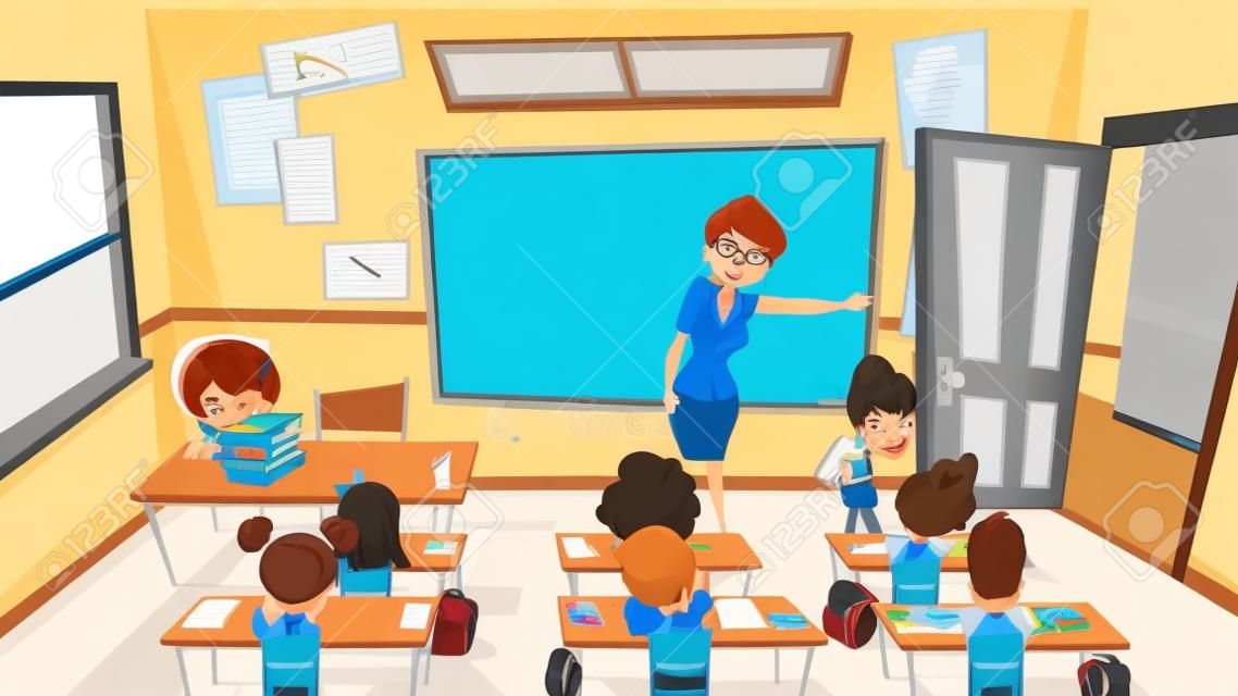 Angry, Annoyed Female Teacher Excluding Guilty Sad Boy from Classroom Cartoon Vector. Pupil Bad Behavior and Discipline, Punishment in Pedagogy, Suspension and Exclusion from Elementary School Concept