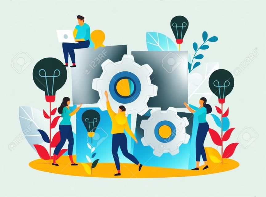 Cartoon Flat Teamwork. Search for Ideas. Small People and Collect Puzzle. Gears are Spinning and Light. Man is Sitting on Top with Laptop. Girl Shows Solution. Approach Solving Complex Problems.