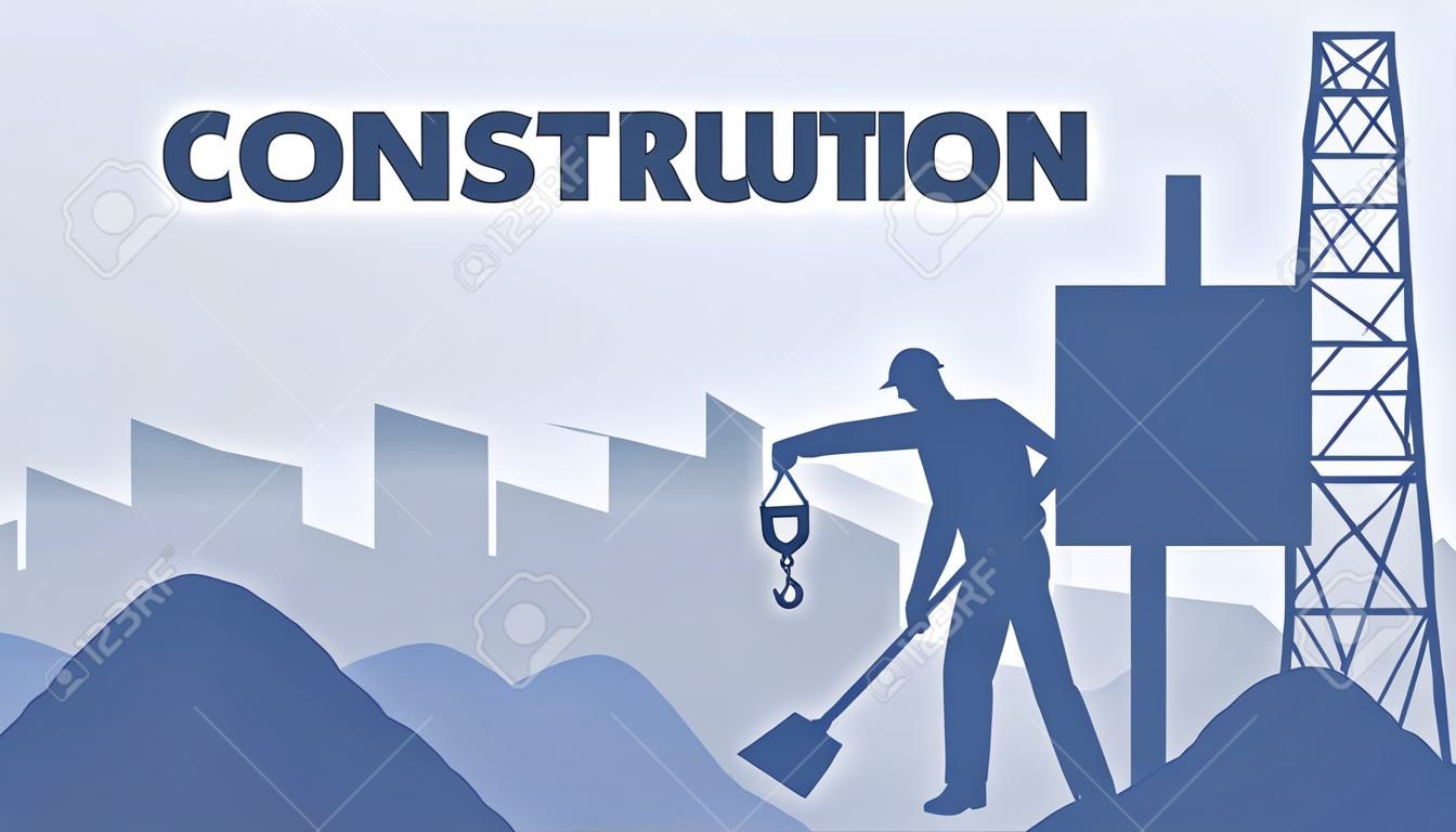 Construction Flat Vector Web Banner with Text. Industrial Crane Silhouette. Residential Housing Complex. Worker with Shovel. Handyman Digging Ground. Heaps of Sand. Apartment Buildings