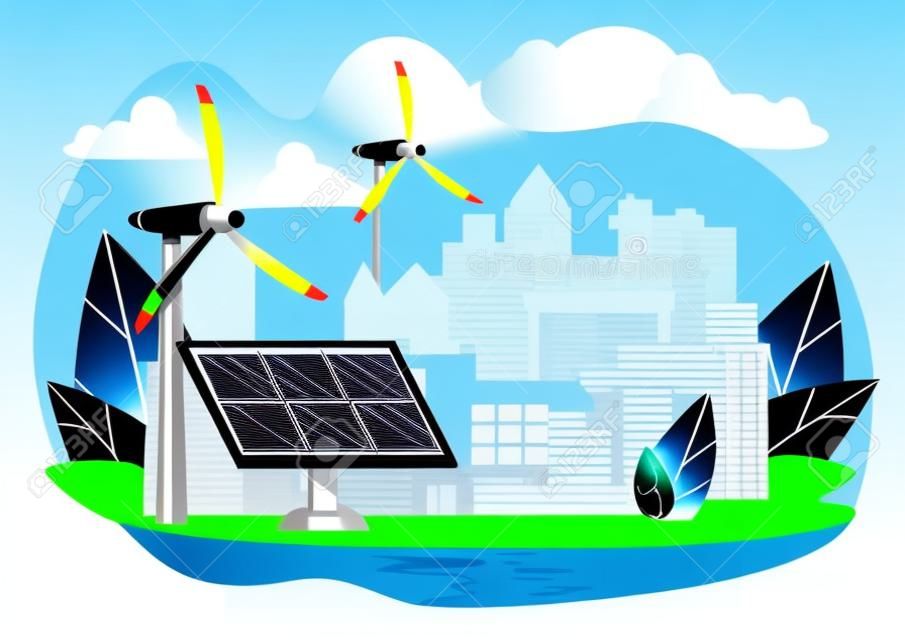 Modern Technologies for Extraction Green Energy. Solar Panel and Wind Columns on Background Big City. Flat Cartoon, Vector Illustration. Natural Energy Ecological Product, Alternative Energy.