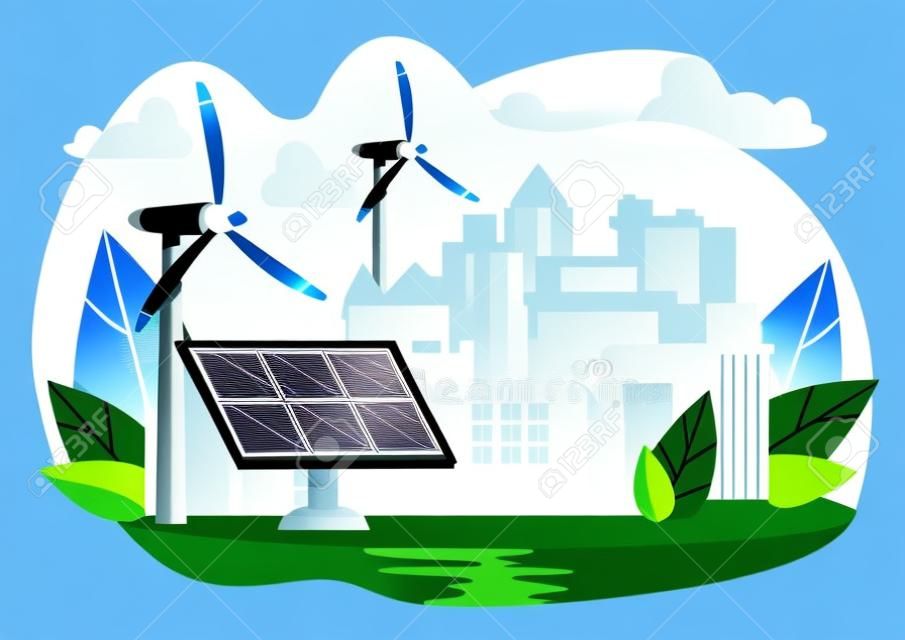Modern Technologies for Extraction Green Energy. Solar Panel and Wind Columns on Background Big City. Flat Cartoon, Vector Illustration. Natural Energy Ecological Product, Alternative Energy.