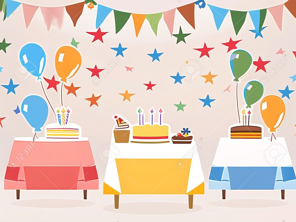 Vector Illustration is Written Birthday Cartoon. Catering for Childrens Holiday. Room is Decorated with Balloons and Flags. Themed Decor Tables. Confectionery for Children and Adults.