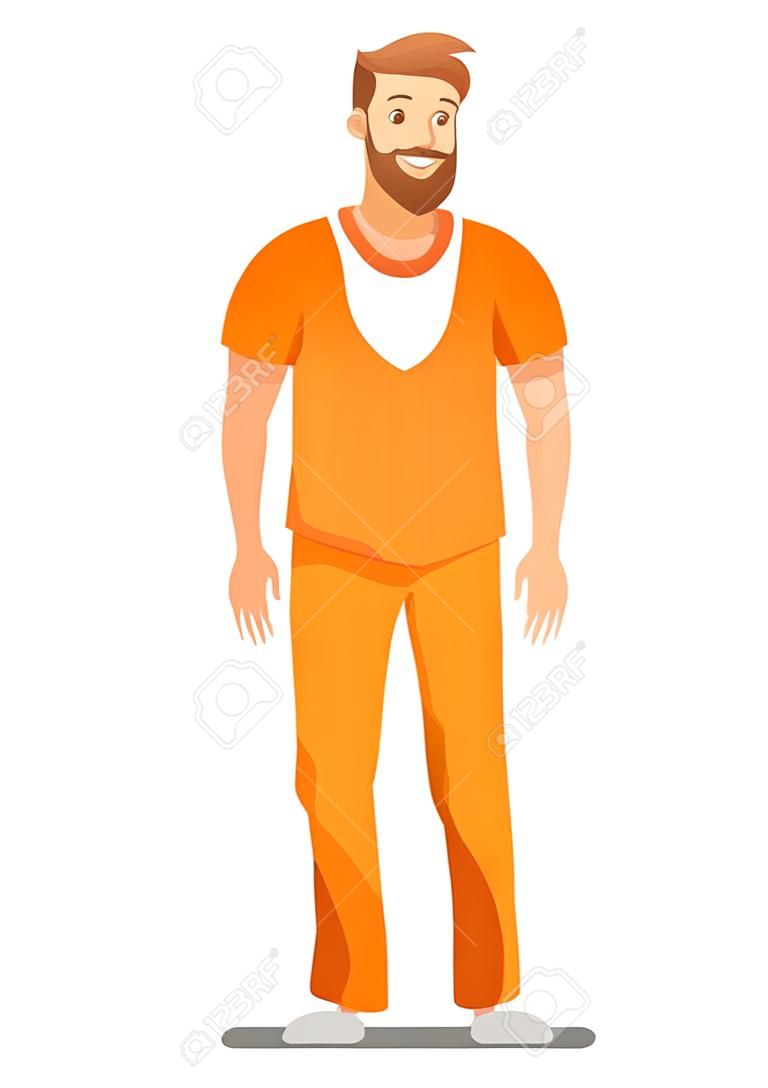 保釈された囚人フラットベクターイラスト。アンチェインド・ローブレーカー、犯罪者漫画のキャラクター。オレンジ色の制服を着た囚人。ひげを生やした男性レシディビスト、受刑者自由形態拘禁