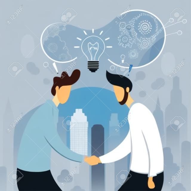 Poster Sharing Ideas about Idea Cartoon Flat. Men Shake Hands. Agreement on Cooperation and Exchange Ideas. Joint Development Conceptual Idea for Successful Business. Vector Illustration.