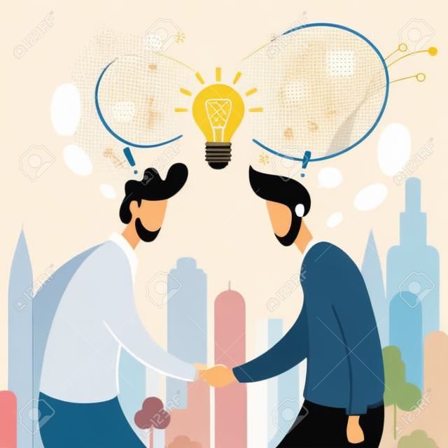 アイデア漫画フラットについてのアイデアを共有するポスター。男性は握手をする。協力と交流の考え方に関する合意。共同開発ビジネス成功のための概念的アイデア。ベクトル図。