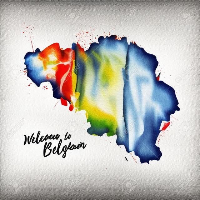 Symbol, poster, banner Belgium. Map of Belgium with the decoration of the national flag. Watercolor style drawing.