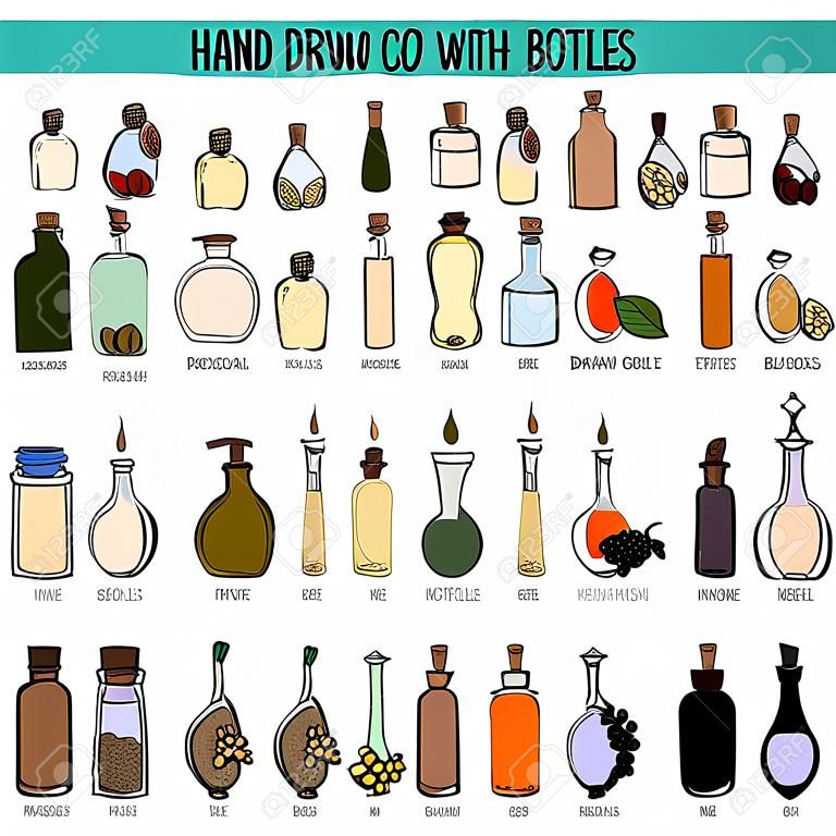 Set di bottiglie disegnati a mano con diversi oli cosmetici. Isolati su bianco. Grande per la cura del corpo, vita sana, relax concetto di design.
