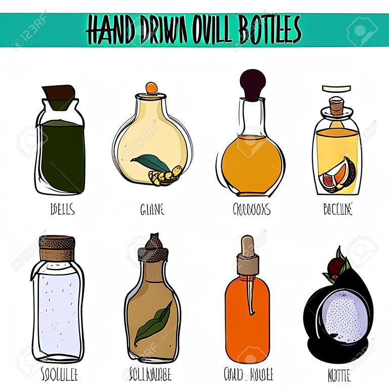 Set di bottiglie disegnati a mano con diversi oli cosmetici. Isolati su bianco. Grande per la cura del corpo, vita sana, relax concetto di design.