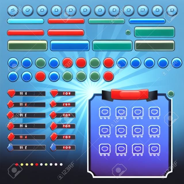 Zestaw elementów interfejsu gry, różne przyciski, paski postępu i ikony