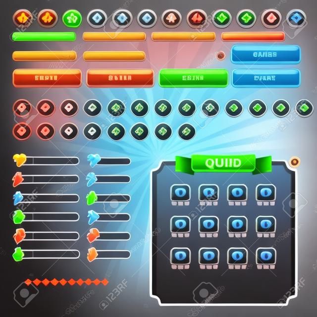 Game interface elements set, various buttons, progress bars and icons