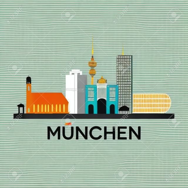 在德國慕尼黑市摘要天際線，矢量插圖