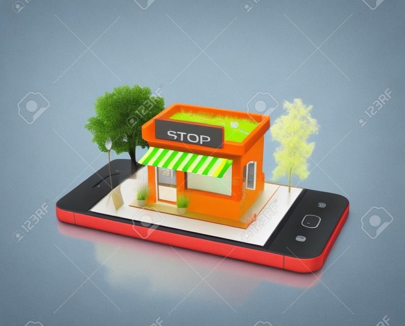 Koncepció a mobil boltban. Online áruház. Eladó, okostelefon. Gyönyörű bolt fák és a fű a telefon kijelzőjén.