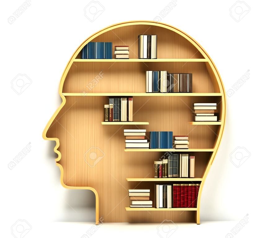 Concept van de opleiding. Houten boekenplank in de vorm van de mens hoofd. Wetenschap over de mens. Psychologie. Een mens hebben meer kennis.
