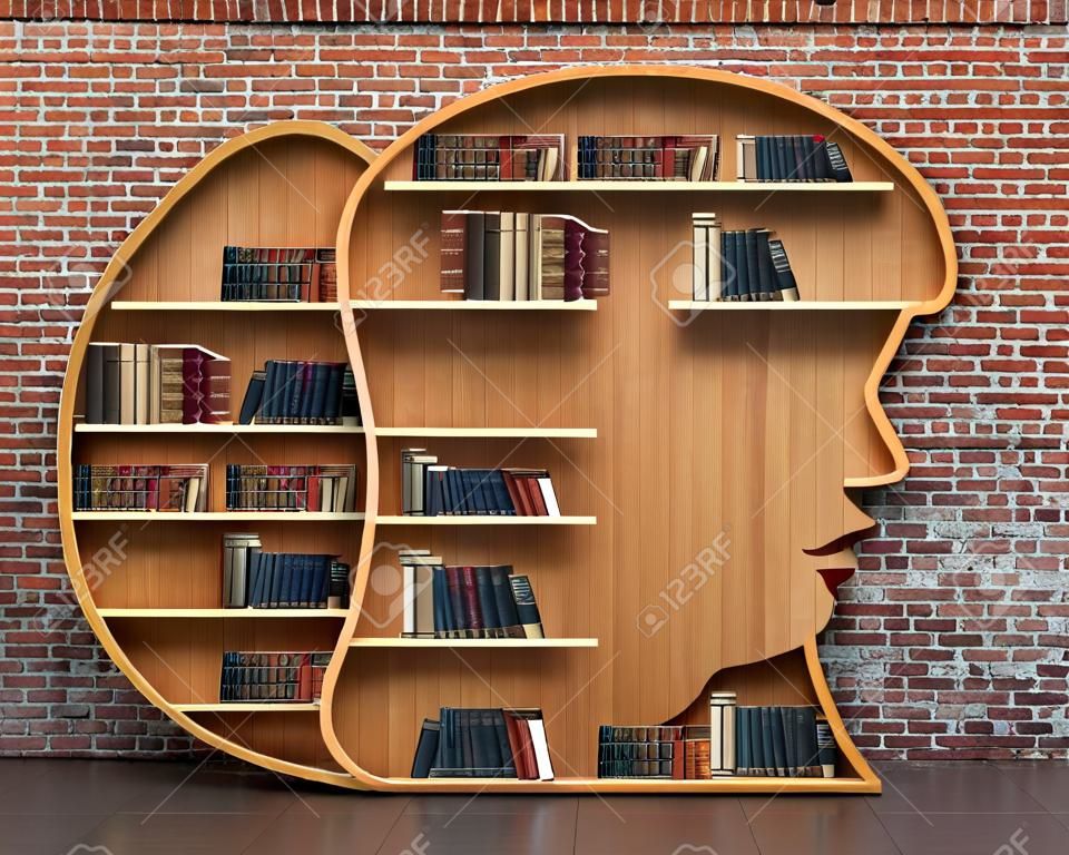 概念训练木制书架上满是书的形式，女人头上的砖背景，科学关于人的心理，人有更多的知识