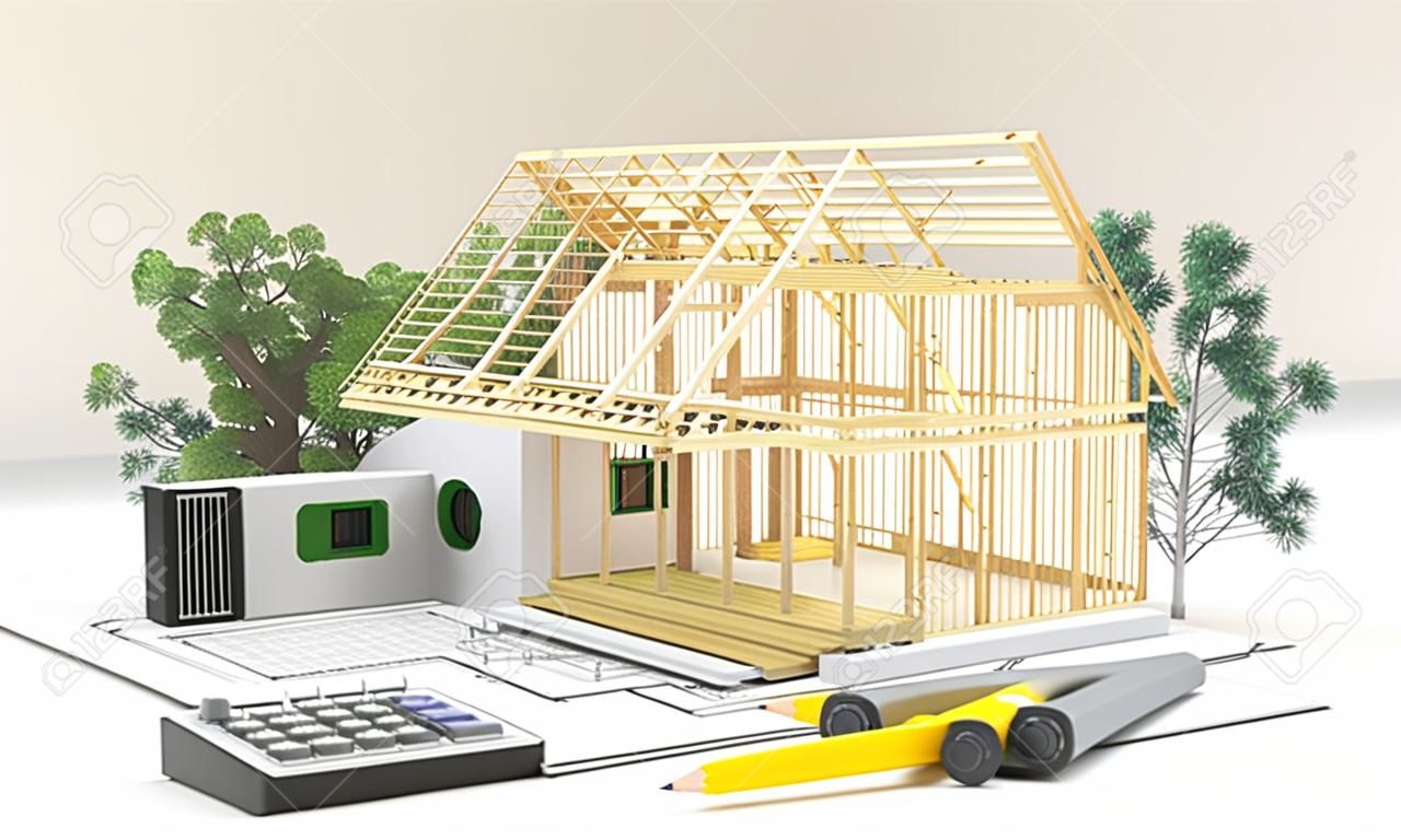 3D-Darstellung von Haus zu machen in den Aufbau-Prozess mit Bäumen, Taschenrechner und Bleistift auf der Blaupause.