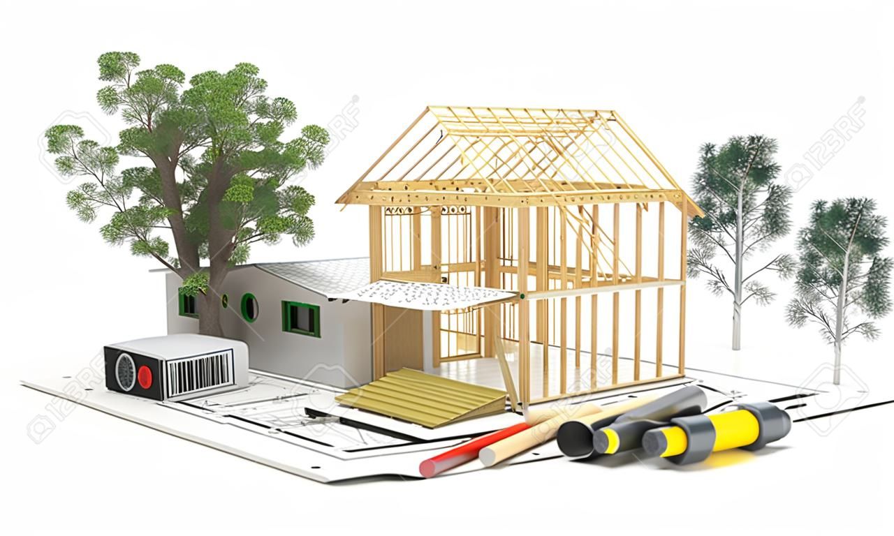用树计算器和铅笔在蓝图上绘制房屋的3D渲染