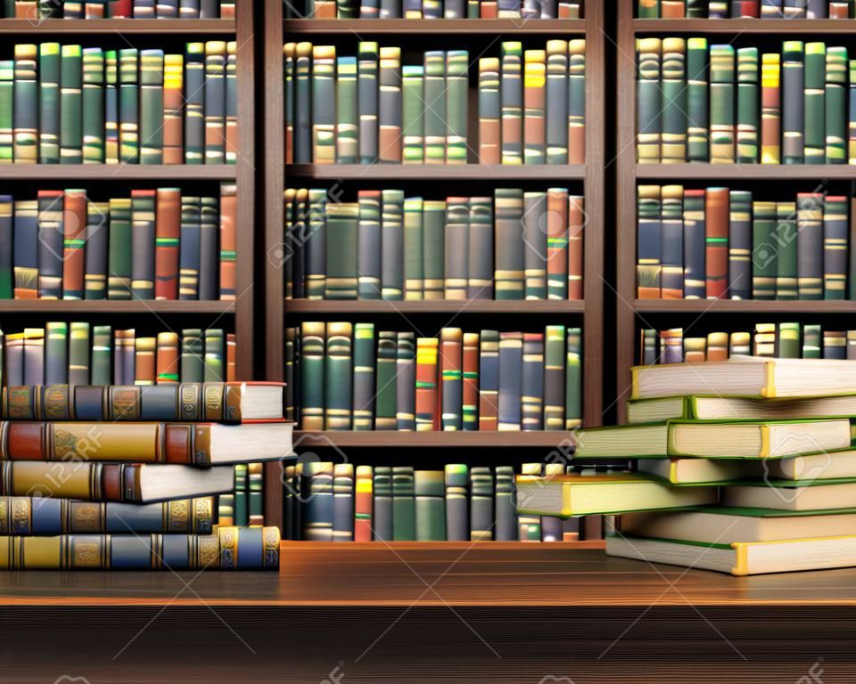 Книги на столе в фокусе на фоне размытым полку с книгами. Концепция библиотеки.